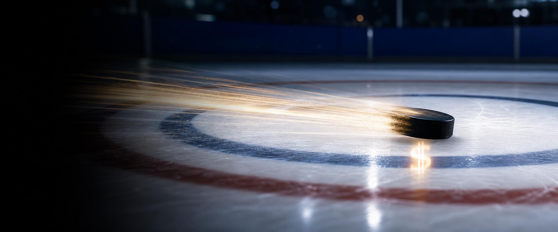 Hockey puck at the center of a bright faceoff circle with soft motion streaks suggesting campaign momentum